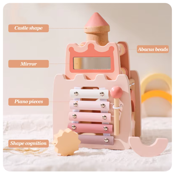 Montessori Wooden Castle Pink House Blocks Baby Puzzle Game Early Education Props Multifunctional Toy Baby Gifts